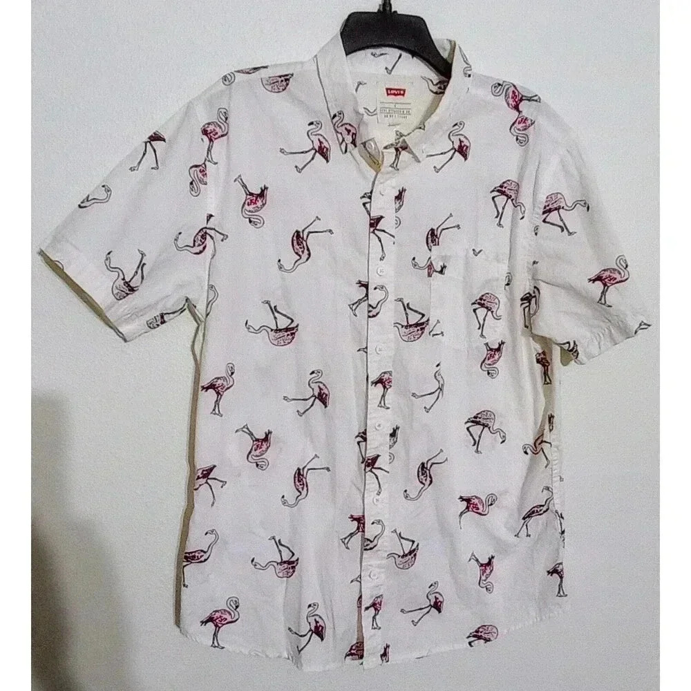 Levi's White Short Sleeve Button-Down Shirt with Pink Flamingo Print
